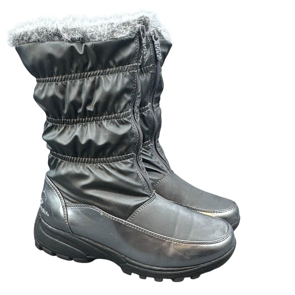 Totes Rogan Winter Boot 7W Gray Shiny Faux Fur Y2K School Snow Puffy Streetwear